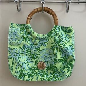 LILLY PULITZER Small Green Tropical Print Bamboo-Handle Tote Bag NWOT